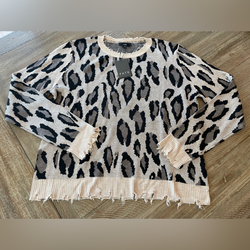 NWT Fate sweater animal print leopard brown black L fall cozy
